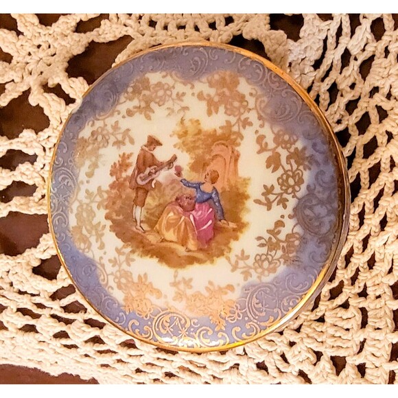 SA Limoges France Castel Trinket Dish French Rococo Hand Painted Courting Lovers - Picture 8 of 14